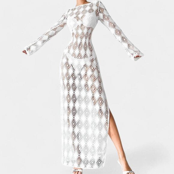 H&M Dresses & Skirts - H&M White Crochet Sheer Long Sleeve Side Slit Maxi Bodycon Beach Dress Size XS/S